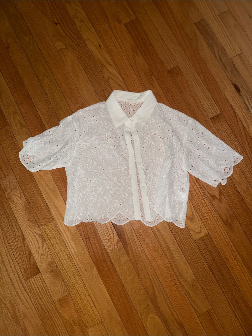 Sweaty Rocks White Eyelet Collared Cropped Button-Front Top - Picture 2 of 5
